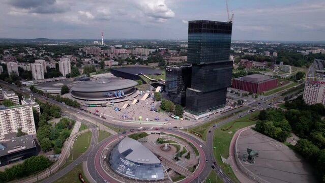 Katowice, Poland. The most characteristic objects in the city in Silesia. Famous buildings, architecture and objects in Katowice in beautiful summer weather.