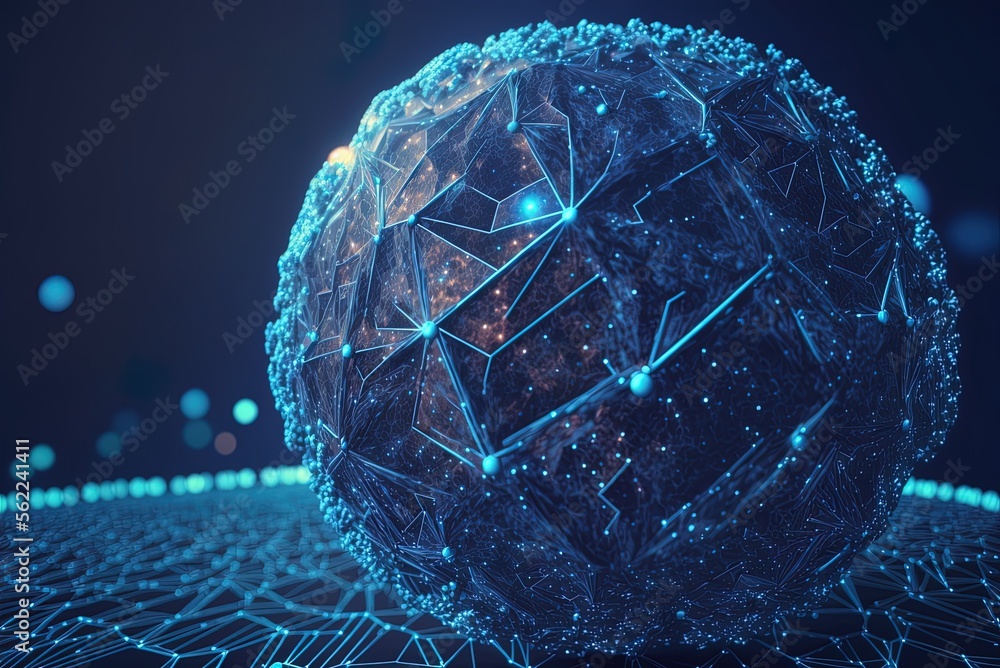Poster copy space and a futuristic global data network represented by a blue crystal mesh. generative ai