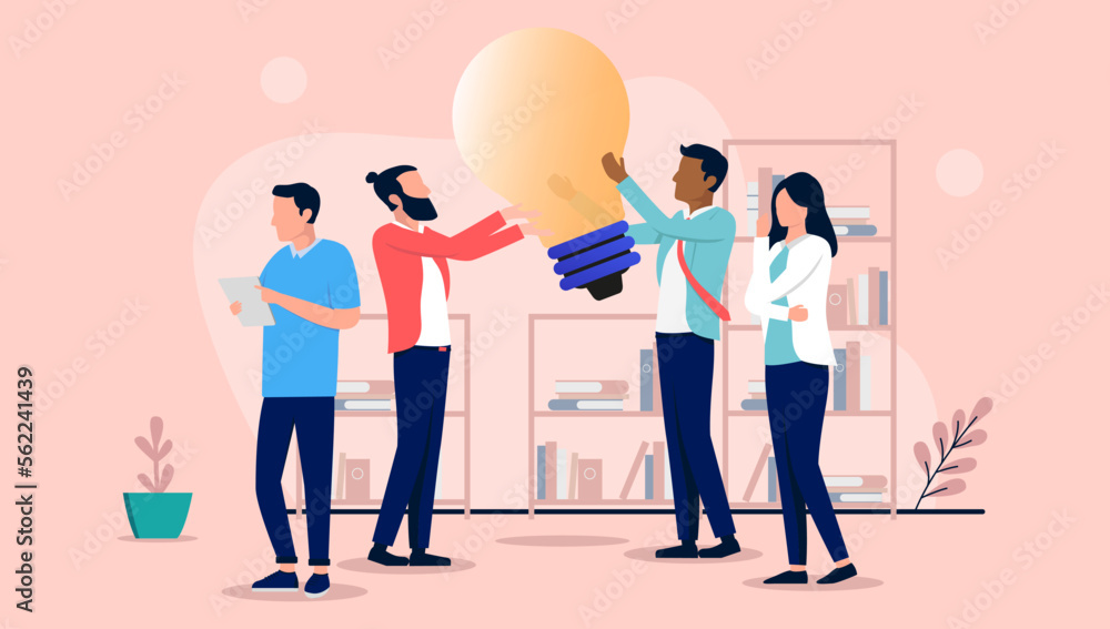 Aufkleber people with idea - team of business characters working with big light bulb in office, thinking and c