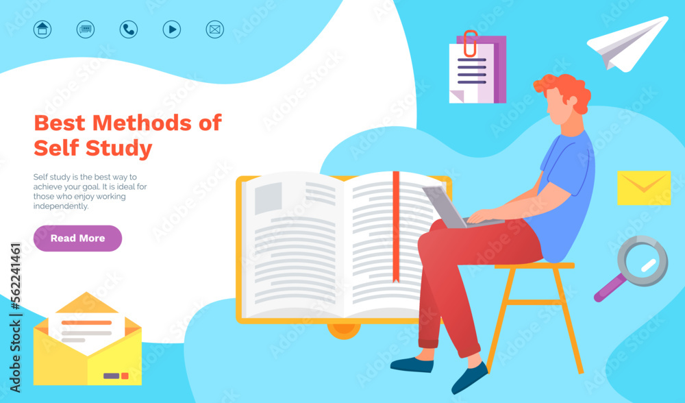 Poster best methods of self study landing page template. online lecturing. e-learning technologies. distanc