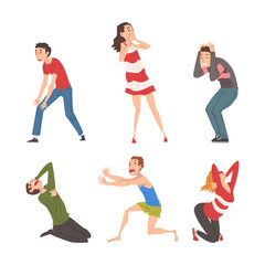 Set of panicked people. Emotional frightened male and female characters cartoon vector illustration