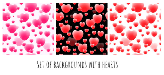 Set romantic black white background with red pink volumetric 3D love hearts for Valentine day