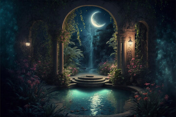 Lush Secret Garden with Fountain, Crescent Moon and Archway at Night Generative AI	