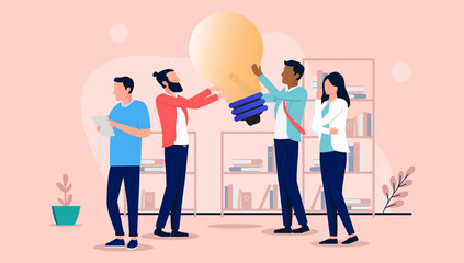 People with idea - Team of business characters working with big light bulb in office, thinking and contemplating. Brainstorming concept, flat design vector illustration