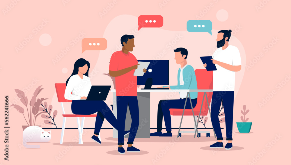 Poster people in office conversation - group of vector characters at work talking and having discussion wit