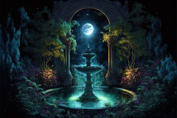 Naklejka premium Lush Secret Garden with Fountain, Full Moon and Archway at Night Generative AI 