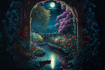 Lush Secret Garden Painting with Full Moon and Archway at Night Generative AI	