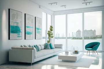 South Florida April 2020 Modern living area with wide views of the bay and city. Bright minimalist white interior with designer sofas and floor to ceiling glass windows. Generative AI