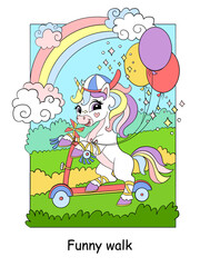 Cute unicorn riding a scooter kids color illustration