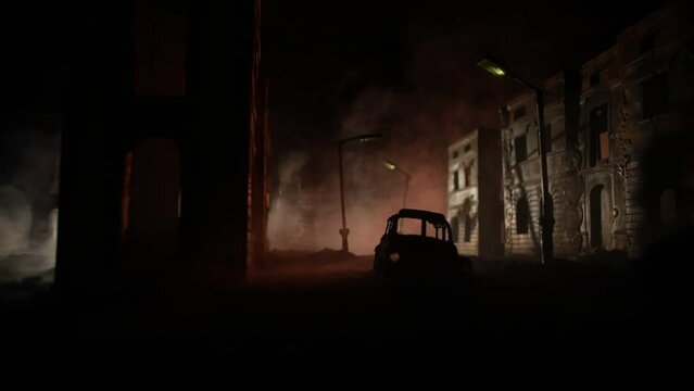 Nuclear war apocalypse concept. Explosion of nuclear bomb in city. City destroyed by atomic war. Creative artwork decoration in dark. Selective focus