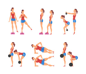 Athletic man and woman doing exercises in gym set. Male and female athlete characters doing physical workout cartoon vector illustration