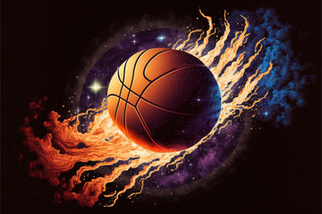 Basketball in Space, Blue, Orange, Purple, Fire, Asteroid Generative AI	