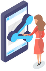 Smartphone screen with simple sign for logo. Data distribution program icon on display. Symbol to share virtual information using phone. Woman interacts with interface of digital app with data