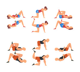 Athletic woman doing exercises in gym set. Female athlete character doing physical workout cartoon vector illustration