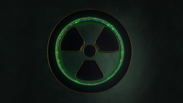 3D Toxic Waste Icon Symbol Golden Green Logo Animation Abstract Background 4K. Toxic Radiation Hazard Sign