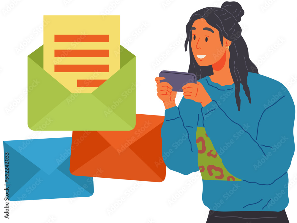 Poster girl with smartphone surfs web sites, chatting, mailing. social networks, digital services, internet