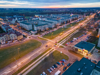 View at Pabianice city from a drone at sunset