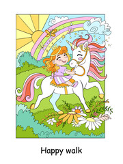 Cute little princess rides a unicorn vector illustration