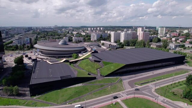 Katowice, Poland. The most characteristic objects in the city in Silesia. Famous buildings, architecture and objects in Katowice in beautiful summer weather.