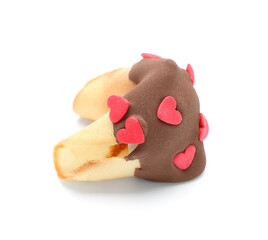 Tasty fortune cookie on white background. Valentine's Day celebration