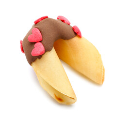 Tasty fortune cookie on white background. Valentine's Day celebration