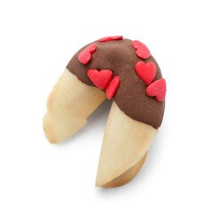 Tasty fortune cookie on white background. Valentine's Day celebration