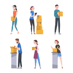Obraz premium Men and women packing and carrying boxes set. Delivery service or post office workers dealing with orders and cargo. cartoon vector illustration