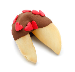 Tasty fortune cookie on white background. Valentine's Day celebration