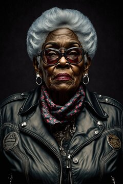 Black Biker Grandma, Older Woman In Leather Jacket, Black Senior Mafia Boss, Cool Senior Woman Portrait, Generative Ai