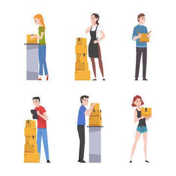 Delivery service or post office workers dealing with orders and cargo. People working in logistics company cartoon vector illustration