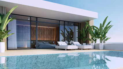Luxury pool villa bedroom sea view on beach - 3D rendering - 562242411