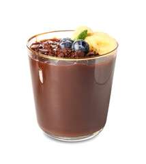Glass of delicious chocolate pudding with blueberry, banana and mint isolated on white background