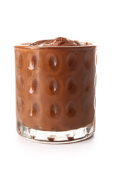 Glass of delicious chocolate pudding isolated on white background