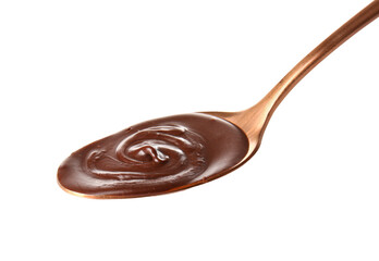 Spoon of delicious chocolate pudding isolated on white background
