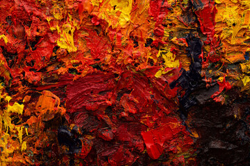 Orange red blue abstract painting. Beautiful brush strokes and canvas textures close-up. Textured abstract sunset background. Oil painting fragment. Expression. Original artistic background