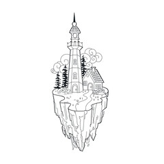 faro en el aire líneas ilustracion sin color, recurso grafico para tatuajes y colorear © Alan