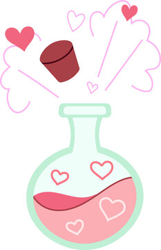 Hand drawn magic love potion bottle with hearts. Doodle in cartoon style. Valentines day. Illustration for design isolated on transparent background.