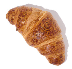 Baked croissant on a white isolated background, top view