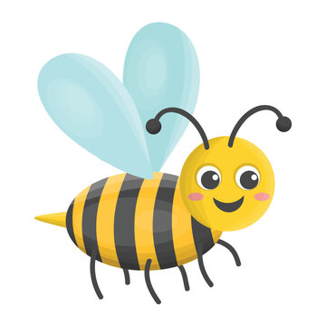 Cute cartoon little happy bee in kid's flat style isolated on white background. Cheerful character.