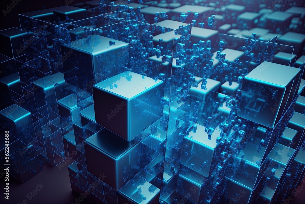 Poster cubes of blue transparency, arranged in a futuristic grid. generative ai
