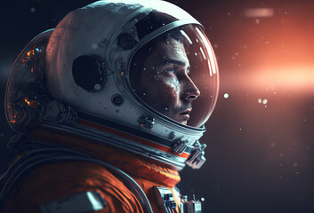 Fototapeta na wymiar A space astronaut figure wearing a helmet. Side profile. Generative ai