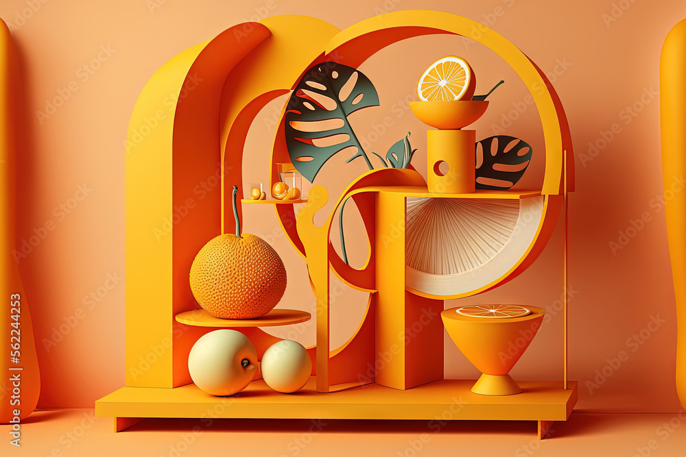 Poster stand for product display with an orange background and abstract geometric shapes. generative ai