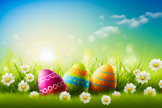 Happy Easter background with easter bunny, postcard for Easter, Generative, Generative AI, Artificial Intelligence
