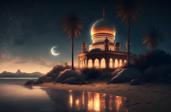 Mosque at night on a beautiful beach, AI generated