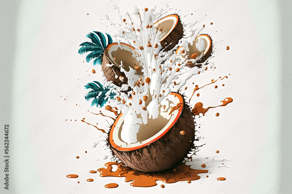 Poster splashes of milk from coconuts on a white background. generative ai