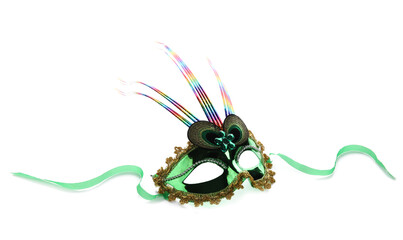 Green carnival mask for Mardi Gras celebration on white background
