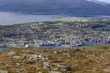 Troms&oslash; city seen from the nearest mountain (Fl&oslash;ya) on a nice and warm autumn day,Troms county,Norway,Europe