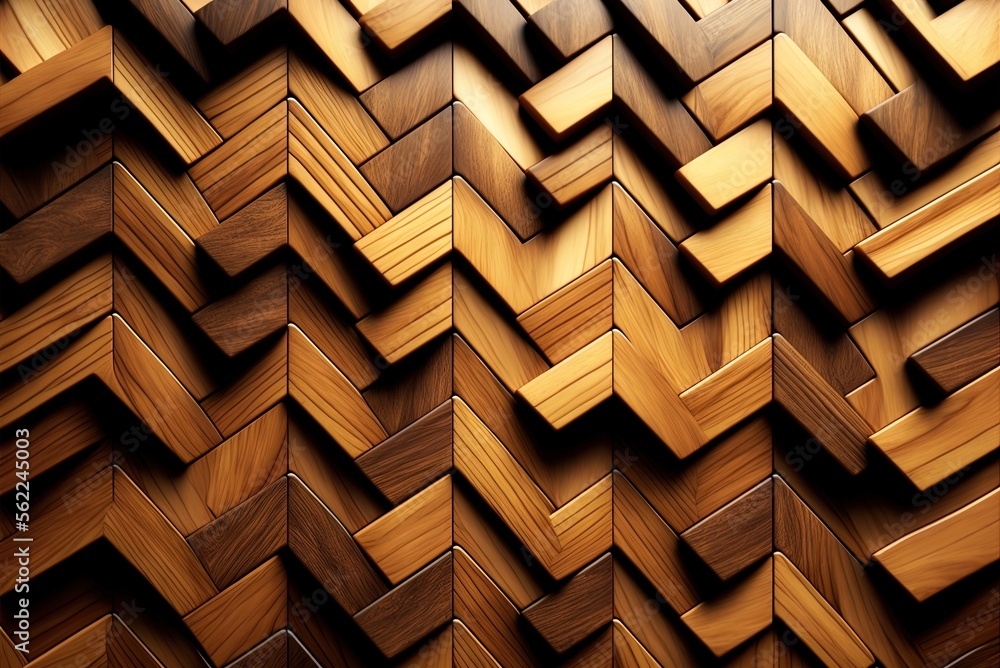 Poster construction materials: wood and mosaic tiles placed in a wall pattern. wooden blocks arranged in a 