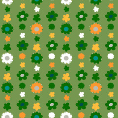 A pattern of flowers with rounded petals arranged in vertical stripes. Yellow, white and green colors. Seamless vector image.