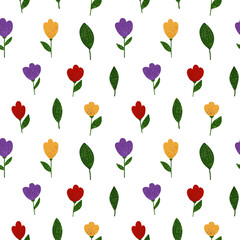 Vector pattern of red, yellow, purple tulips and green leaves. Seamless image.